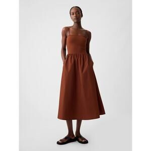 NWT Gap Mixed Media Midi Dress Women MP Petite M Brown Cotton Minimalist Pockets